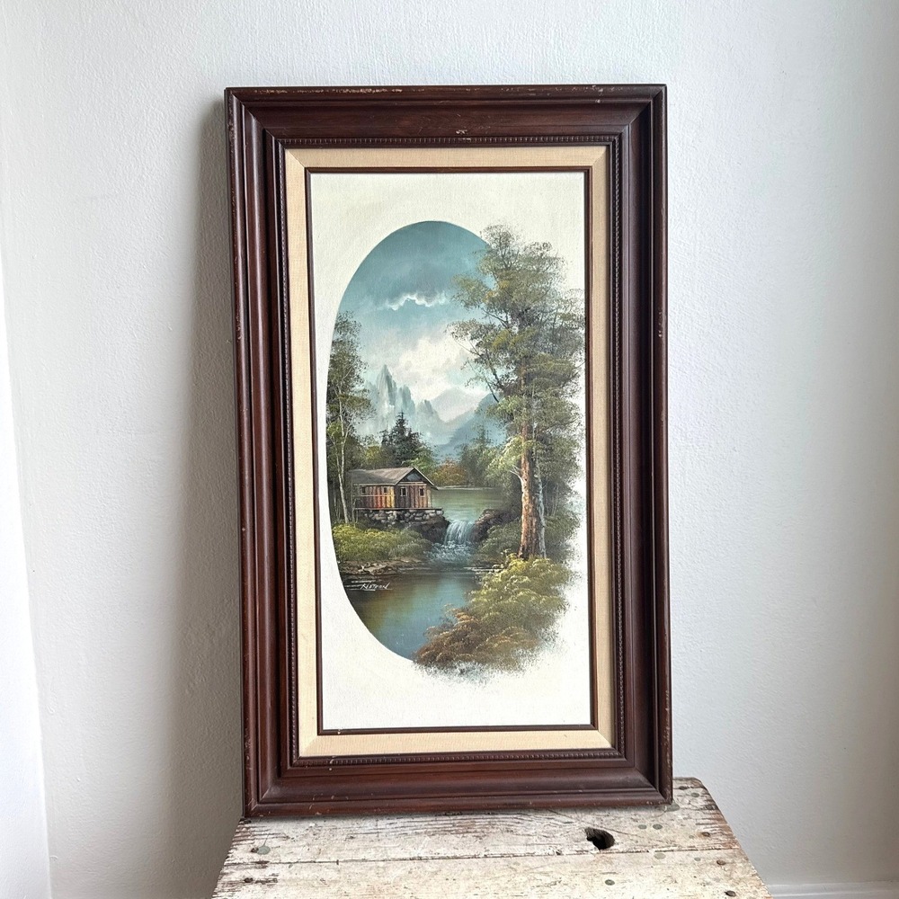 Vintage Nathan Signed Landscape Oil Painting Mountain Cabin Waterfall Wood Frame